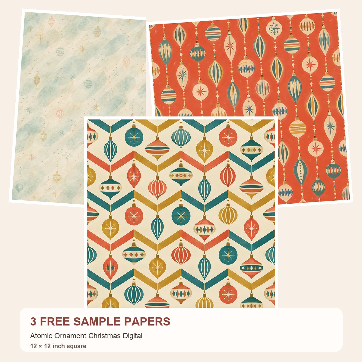 Free Atomic Ornament Christmas Digital – 3 Printable Scrapbook Paper Samples