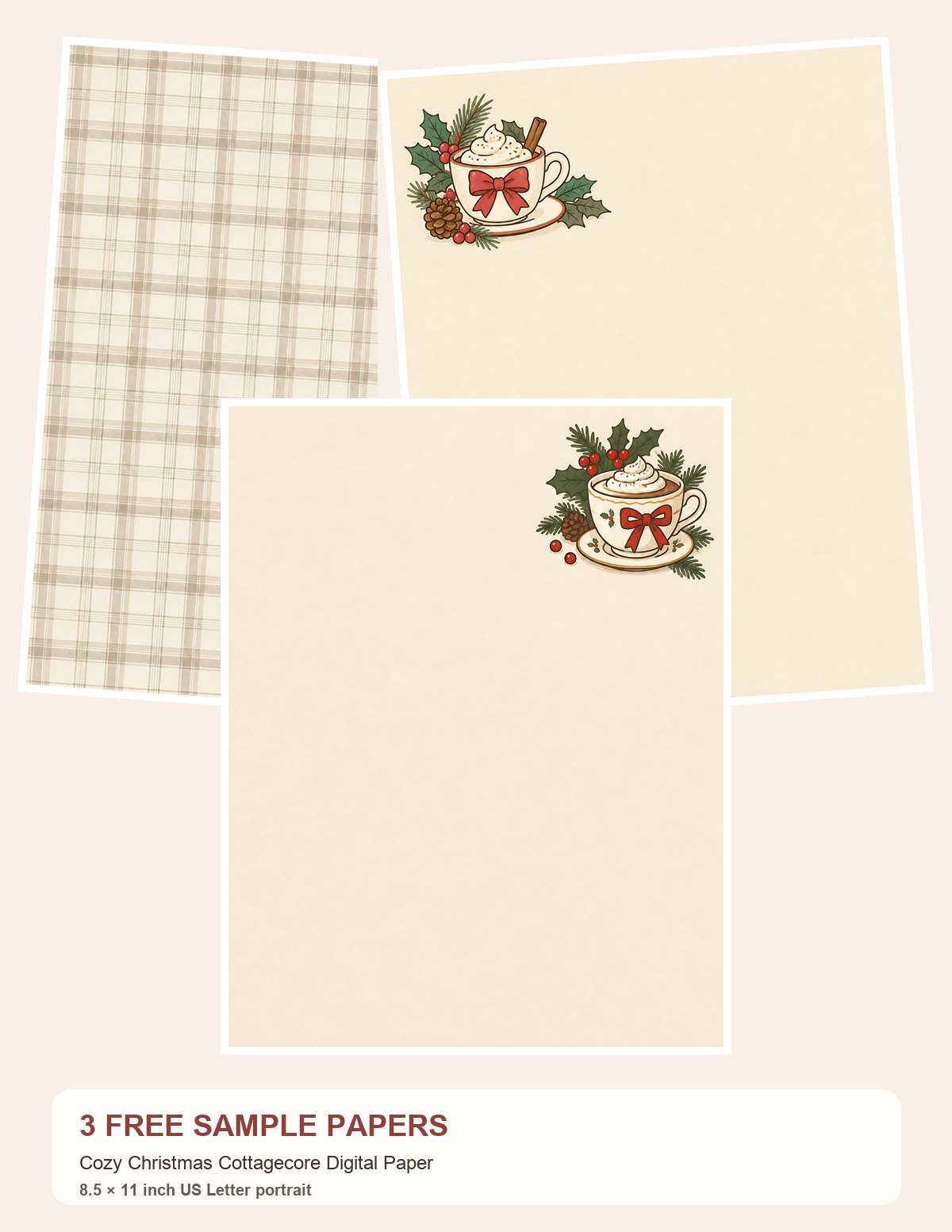 Free Cozy Christmas Cottagecore Digital Paper – 3 US Letter Paper Samples