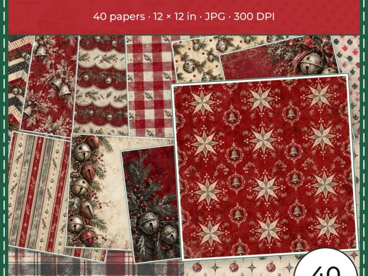 Frosted Tin Bells Christmas — 40 Grunge Scrapbook Papers