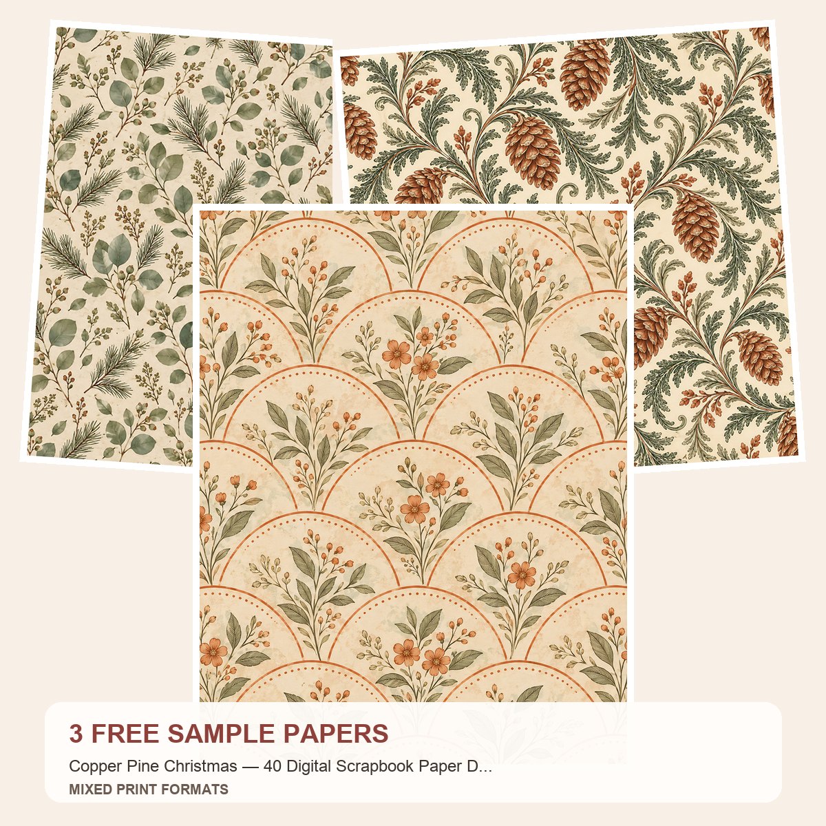 Free Copper Pine Christmas — 3 Square Scrapbook Paper Samples