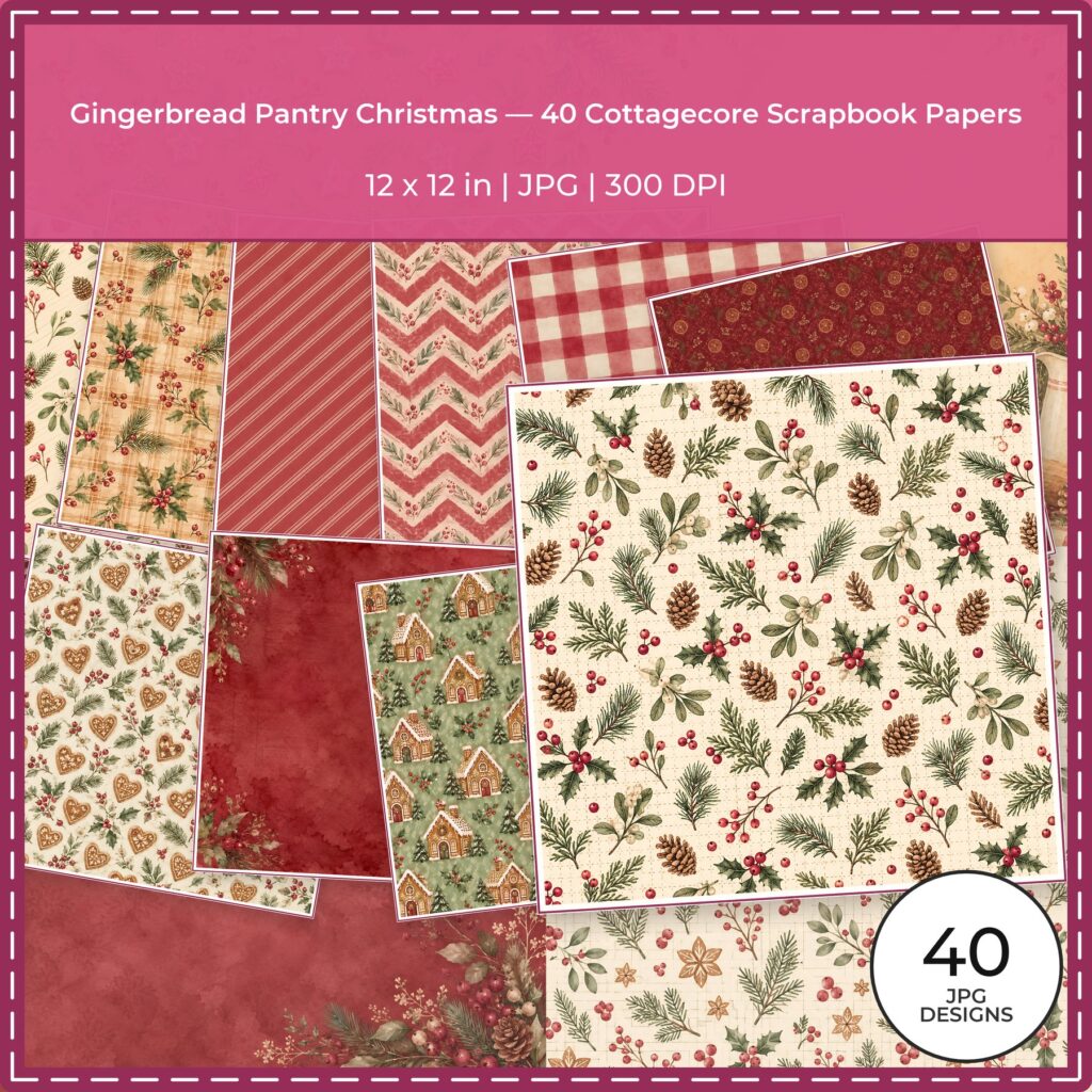Gingerbread Pantry Christmas Digital Scrapbook Paper, 40 Cottagecore 12×12 JPG Sheets