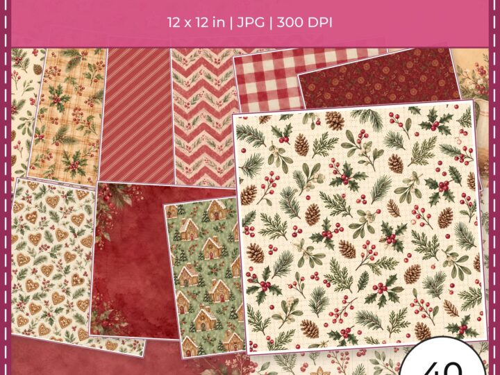 Gingerbread Pantry Christmas Digital Scrapbook Paper, 40 Cottagecore 12×12 JPG Sheets
