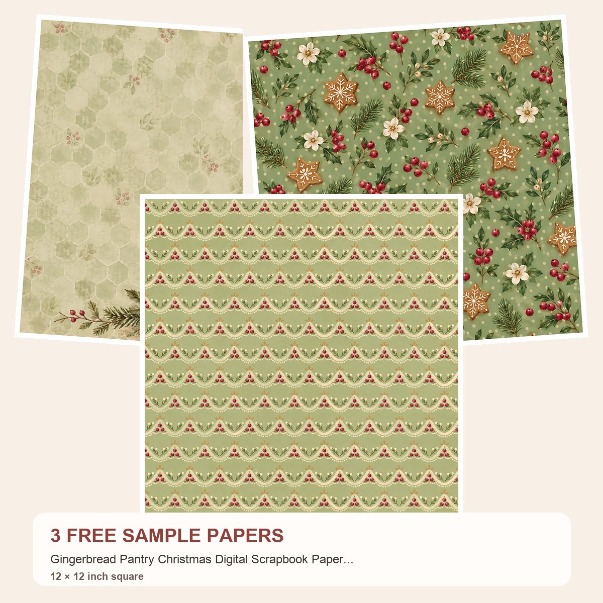 Free Gingerbread Pantry Christmas Digital Scrapbook Paper, 40 Cottagecore 12×12 JPG Sheets – 3 Printable Scrapbook Paper Samples