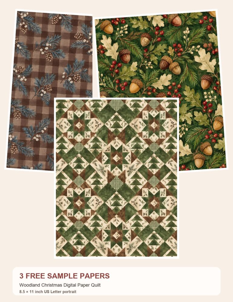 Free Woodland Christmas Digital Paper Quilt – 3 Printable Scrapbook Paper Samples preview