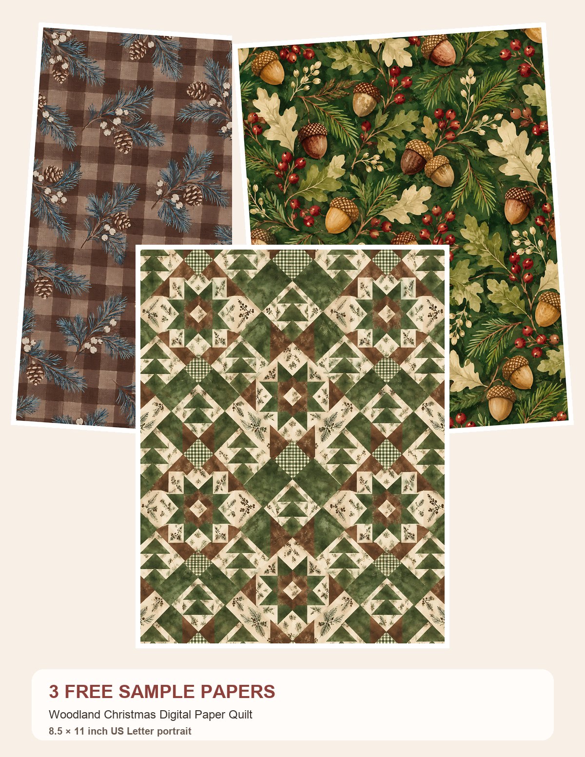 Free Woodland Christmas Digital Paper Quilt – 3 Printable Scrapbook Paper Samples