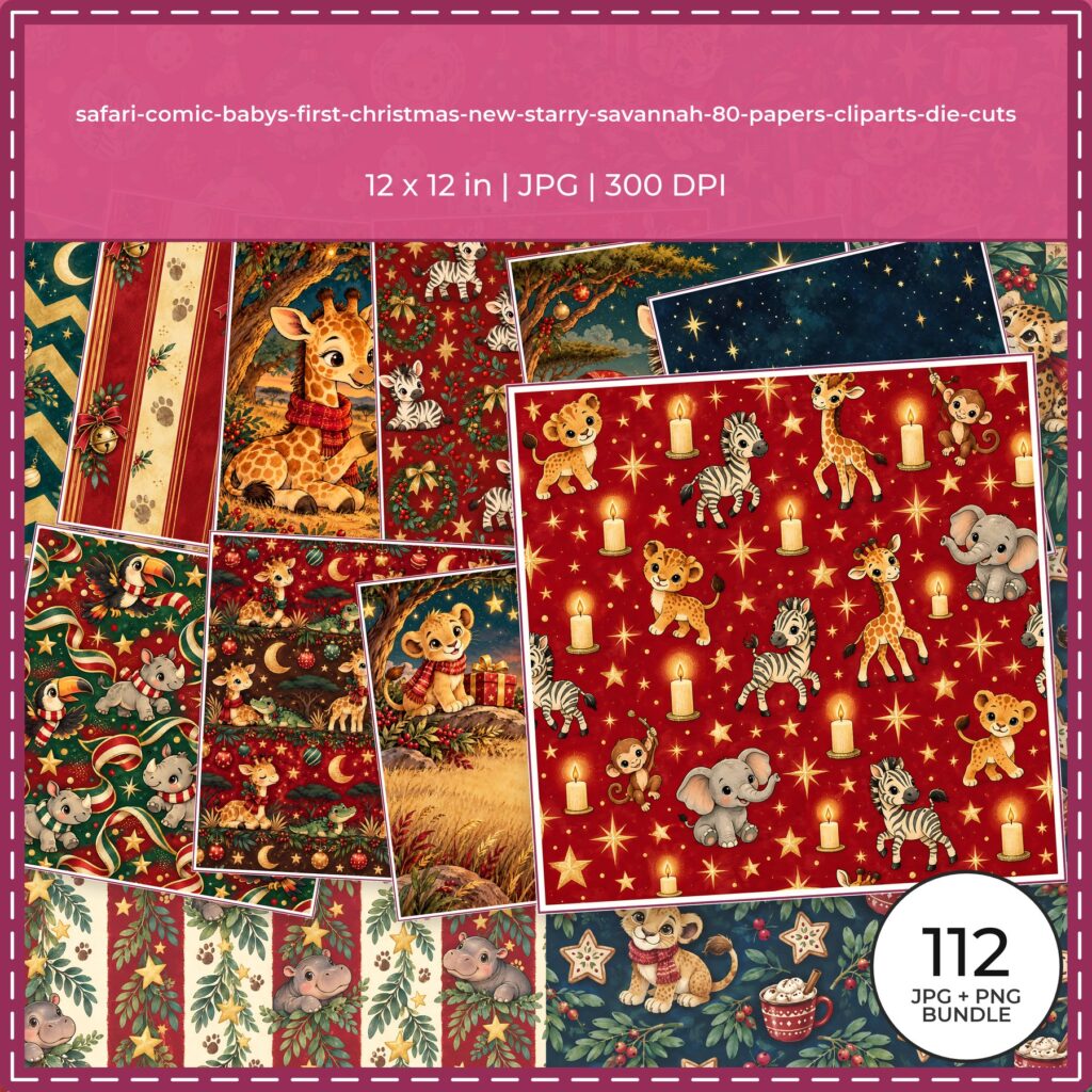 Baby’s First Christmas Safari Scrapbook Kit: 80 Papers, 24 PNG Clipart, 8 Die-Cut Sheets