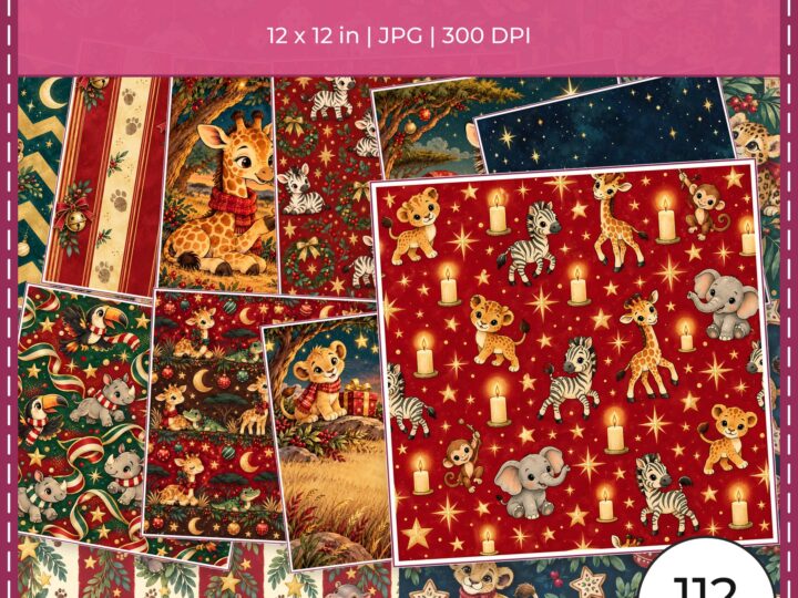 Baby’s First Christmas Safari Scrapbook Kit: 80 Papers, 24 PNG Clipart, 8 Die-Cut Sheets