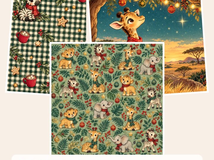 Free Baby’s First Christmas Safari Scrapbook Kit: 80 Papers, 24 PNG Clipart, 8 Die-Cut Sheets – 3 square Paper Samples