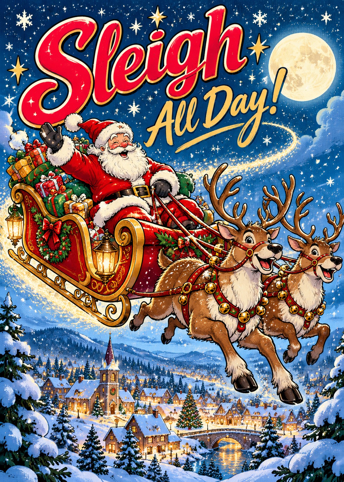Comic Christmas card with Santa in a sleigh above a snowy village and the greeting “Sleigh All Day!”.