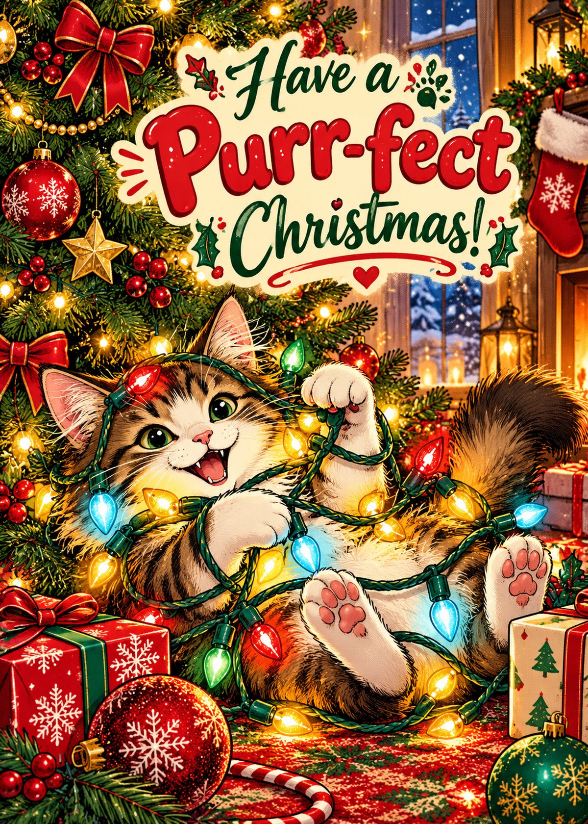Comic Christmas card with a cat tangled in holiday lights beneath “Have a Purr-fect Christmas!”.