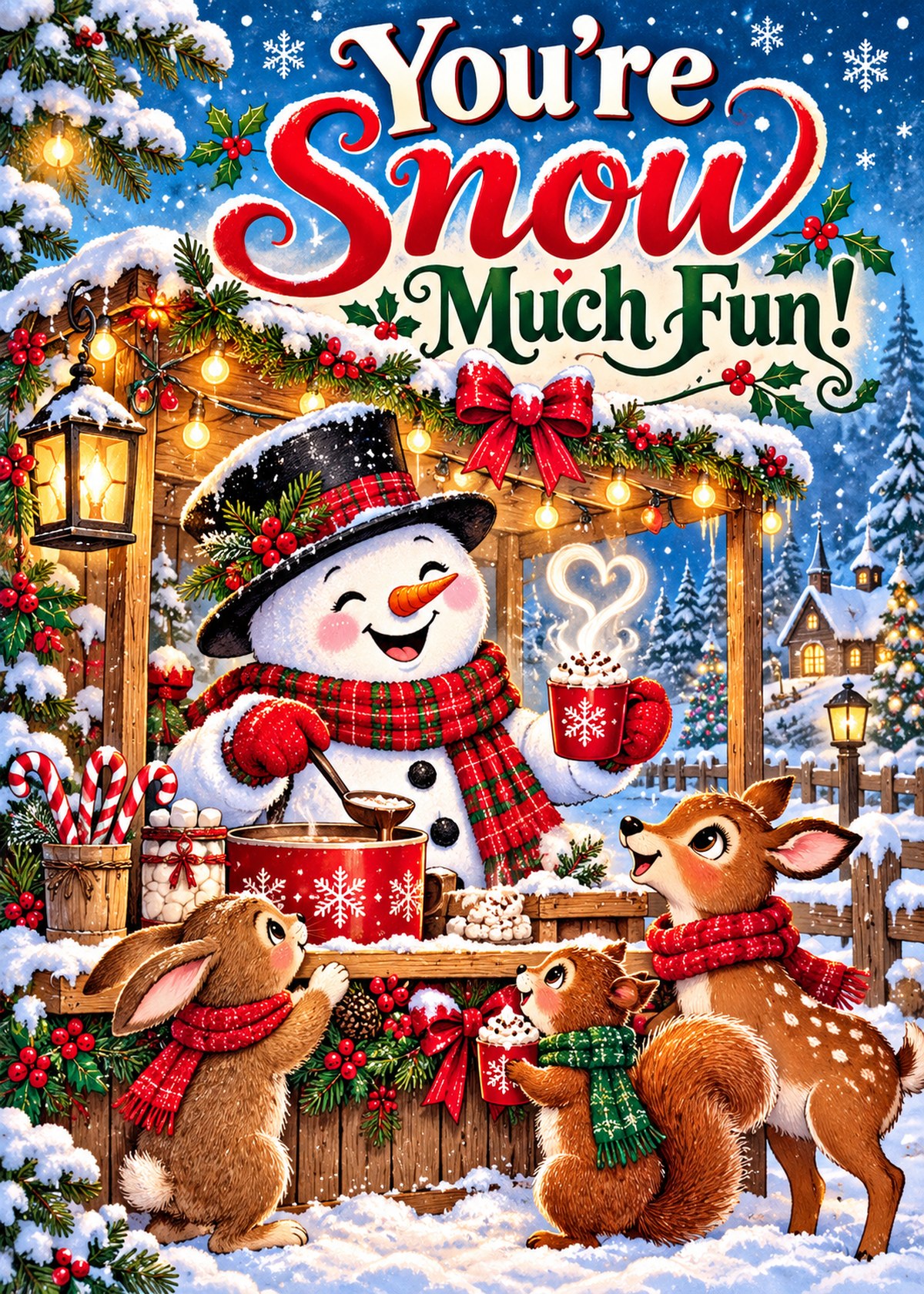 Comic Christmas card with a snowman serving cocoa to woodland animals beneath “You’re Snow Much Fun!”.