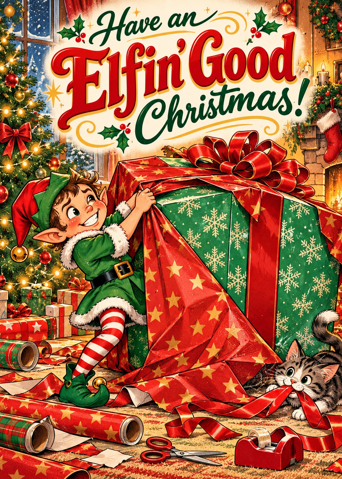 Comic Christmas card with an elf wrapping an oversized present beside “Have an Elfin’ Good Christmas!”.