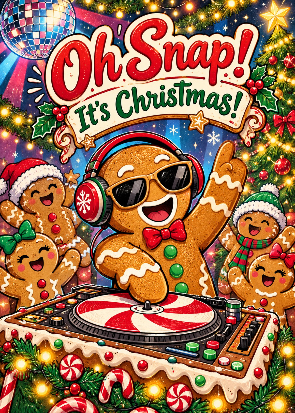 Comic Christmas card with a dancing gingerbread DJ and the greeting “Oh Snap! It’s Christmas!”.