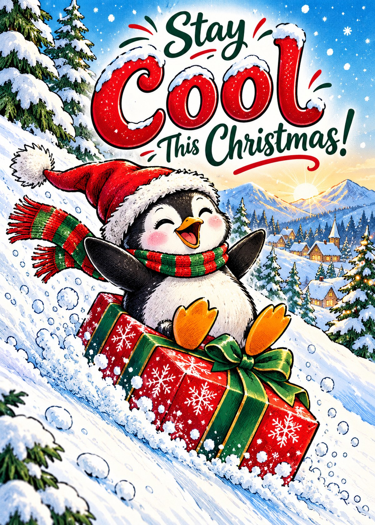 Comic Christmas card with a penguin riding a wrapped present beneath “Stay Cool This Christmas!”.