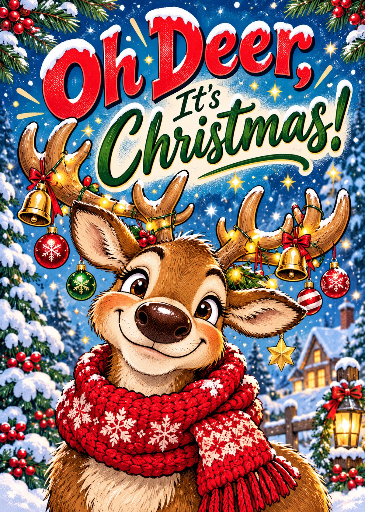 Comic Christmas card with a smiling reindeer in a festive scarf beneath “Oh Deer, It’s Christmas!”.