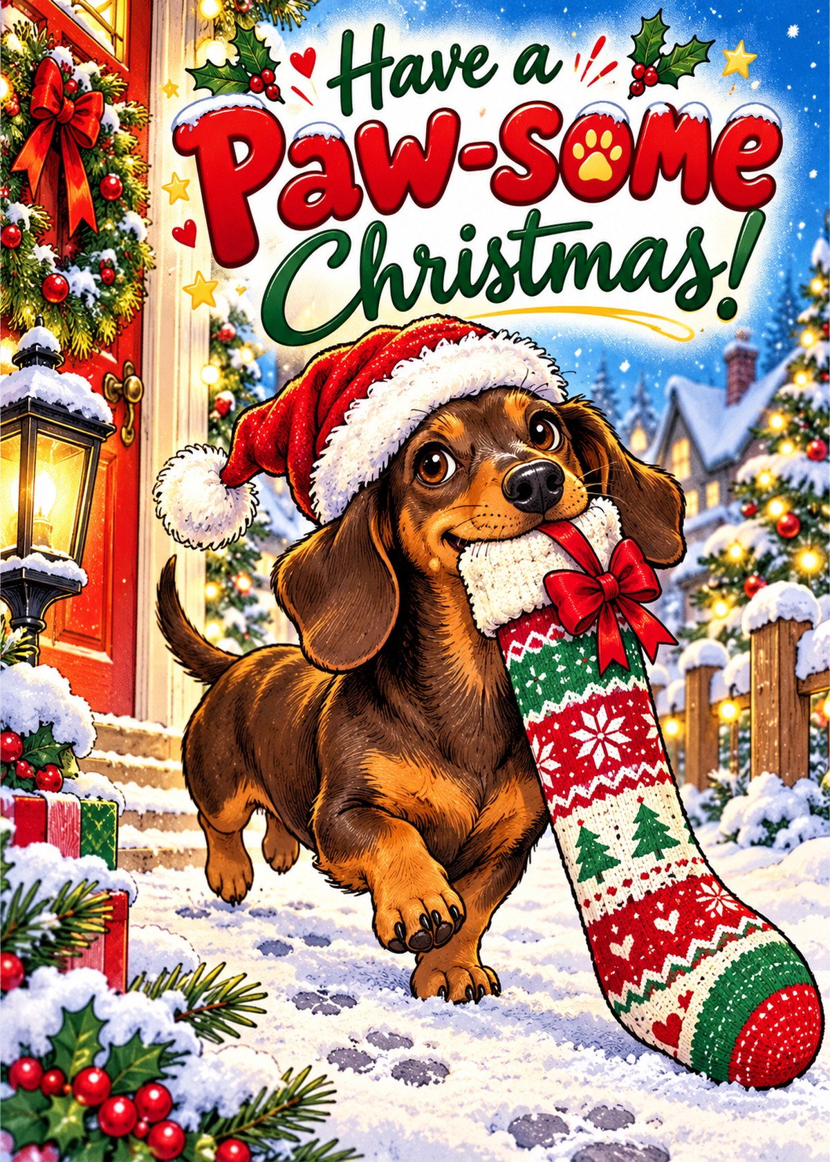 Comic Christmas card with a dachshund carrying a long stocking beneath “Have a Paw-some Christmas!”.