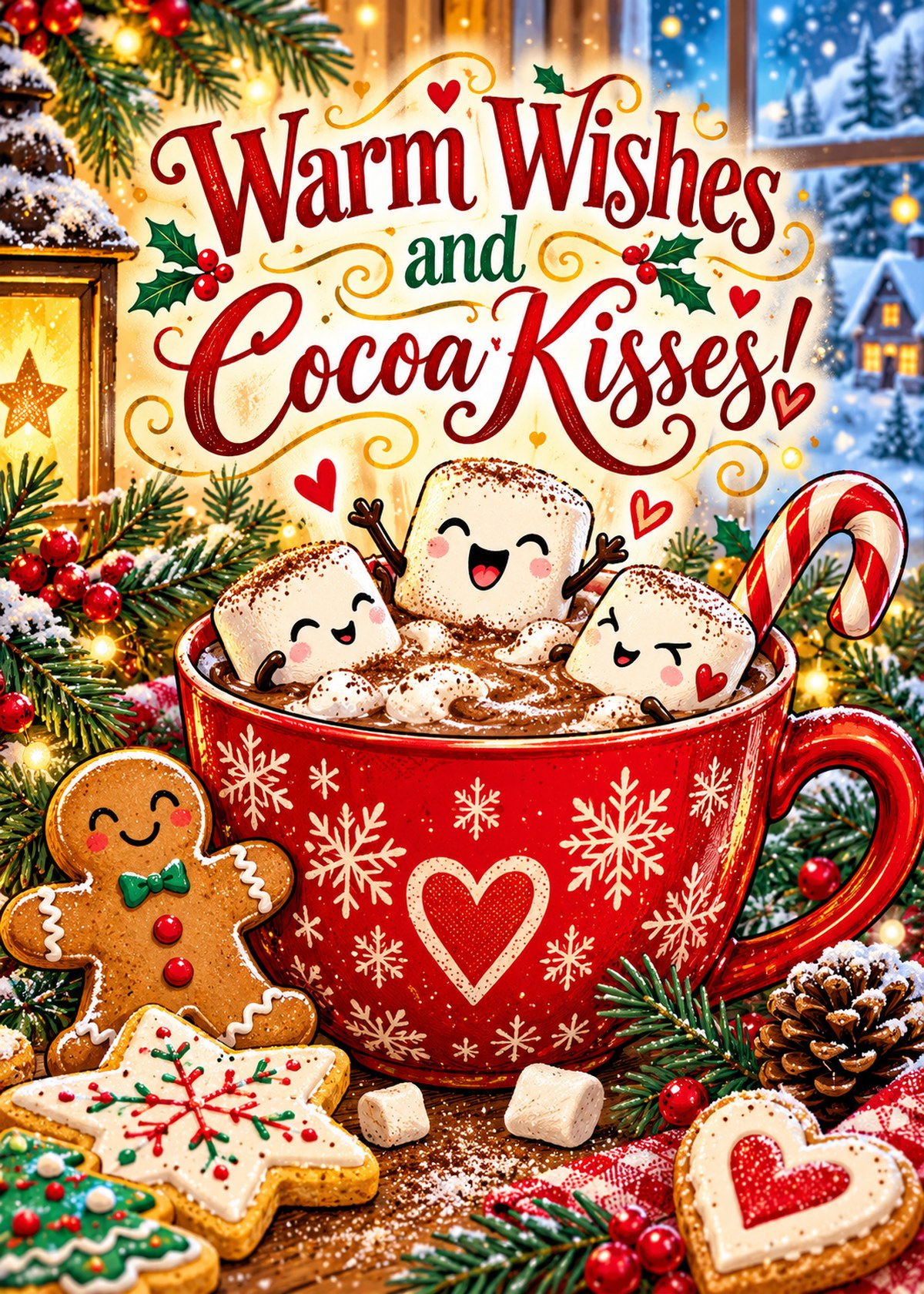 Comic Christmas card with a mug of cocoa, smiling marshmallows and festive cookies beneath “Warm Wishes and Cocoa Kisses!”.