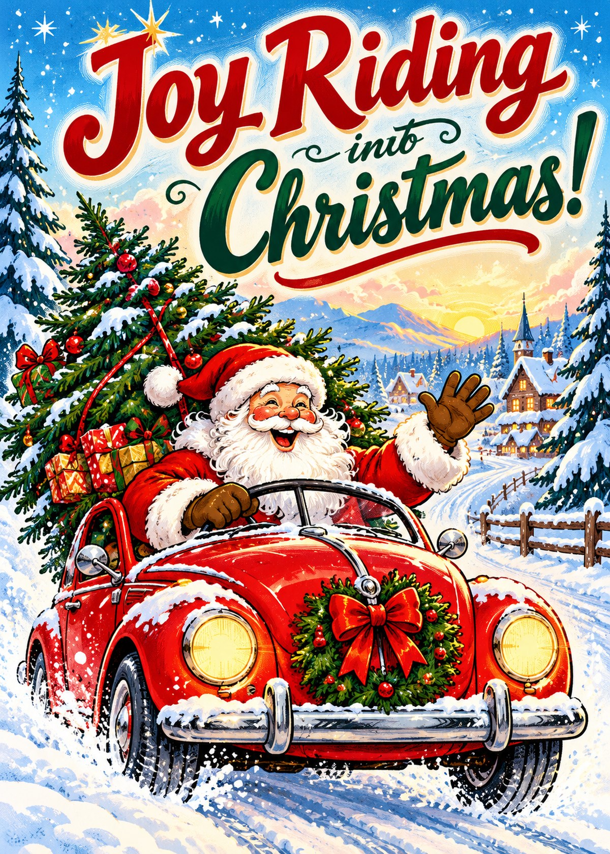 Comic Christmas card with Santa driving a red car through snow beneath “Joy Riding into Christmas!”.