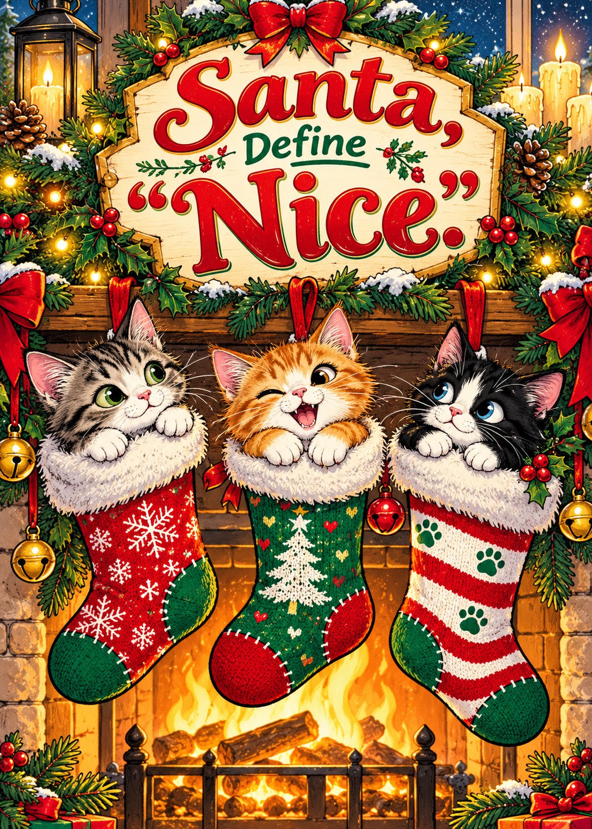 Comic Christmas card with three kittens in stockings beneath “Santa, Define ‘Nice.’”.
