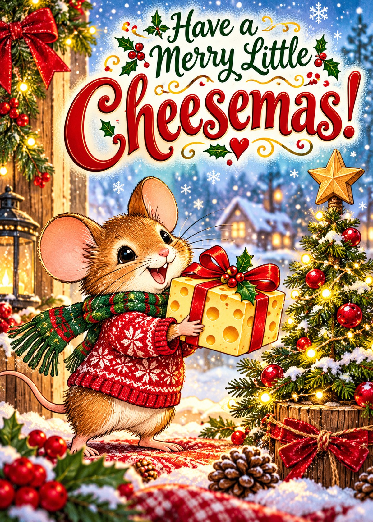 Comic Christmas card with a mouse holding a cheese gift beneath “Have a Merry Little Cheesemas!”.