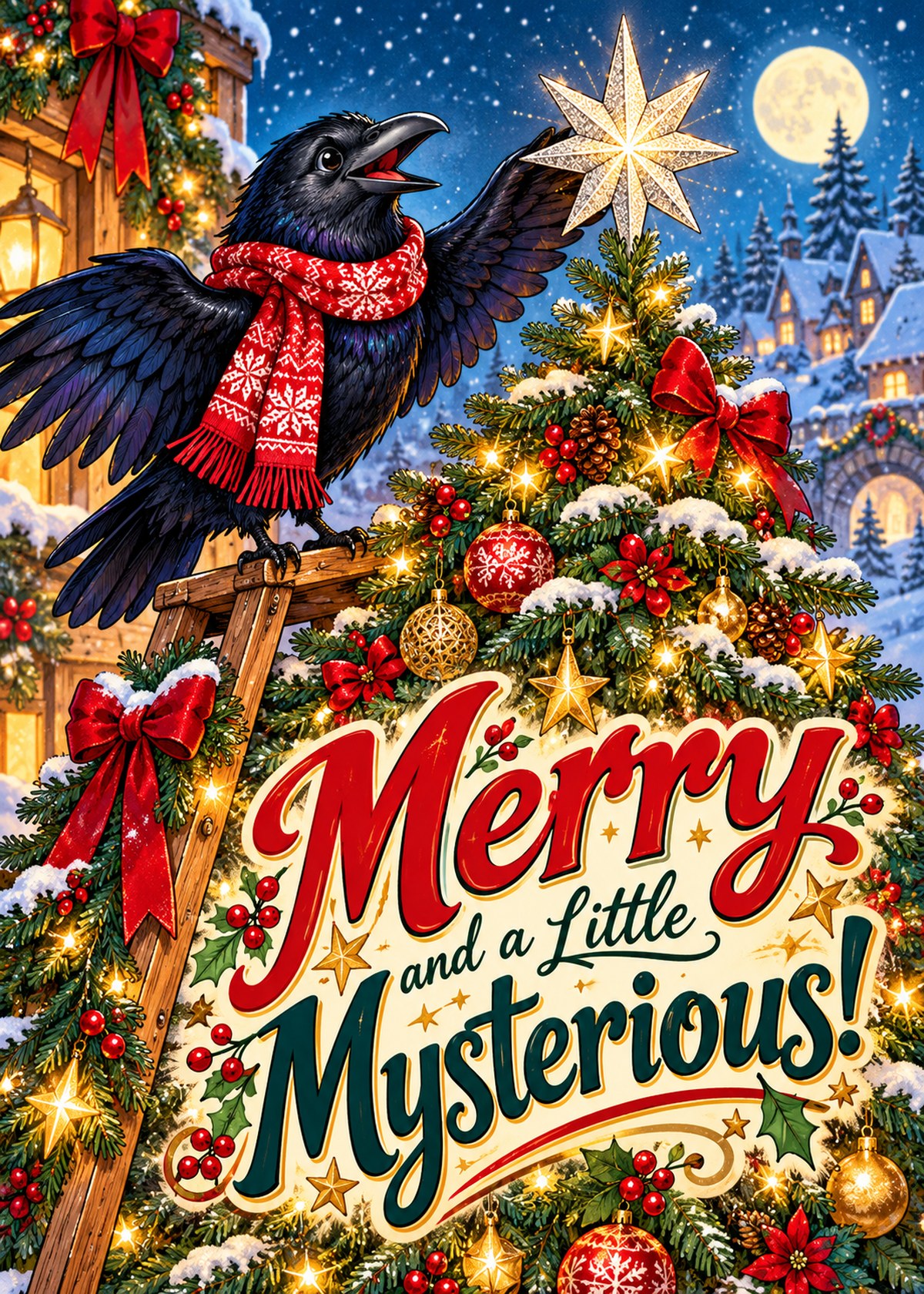 Comic Christmas card with a raven placing a star on a tree beneath “Merry and a Little Mysterious!”.