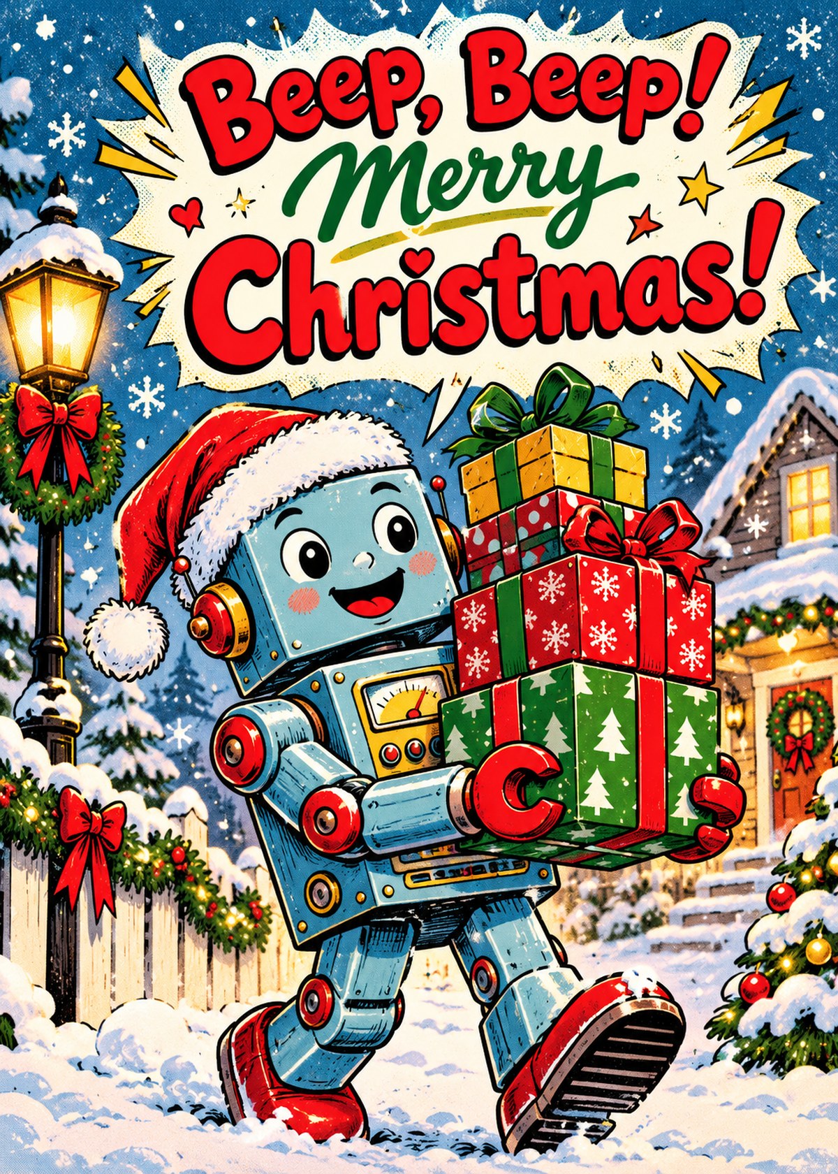 Comic Christmas card with a Santa-hat robot carrying gifts beneath “Beep, Beep! Merry Christmas!”.