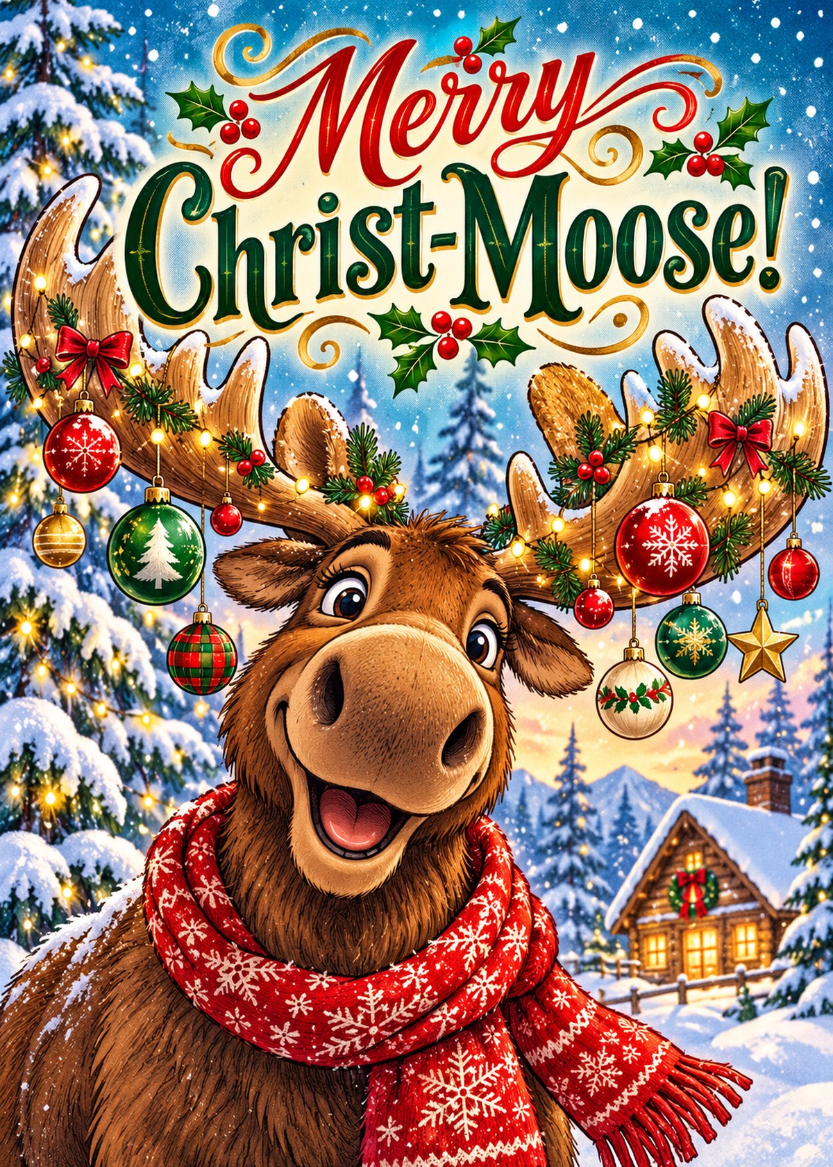 Comic Christmas card with a moose beneath “Merry Christ-Moose!”.