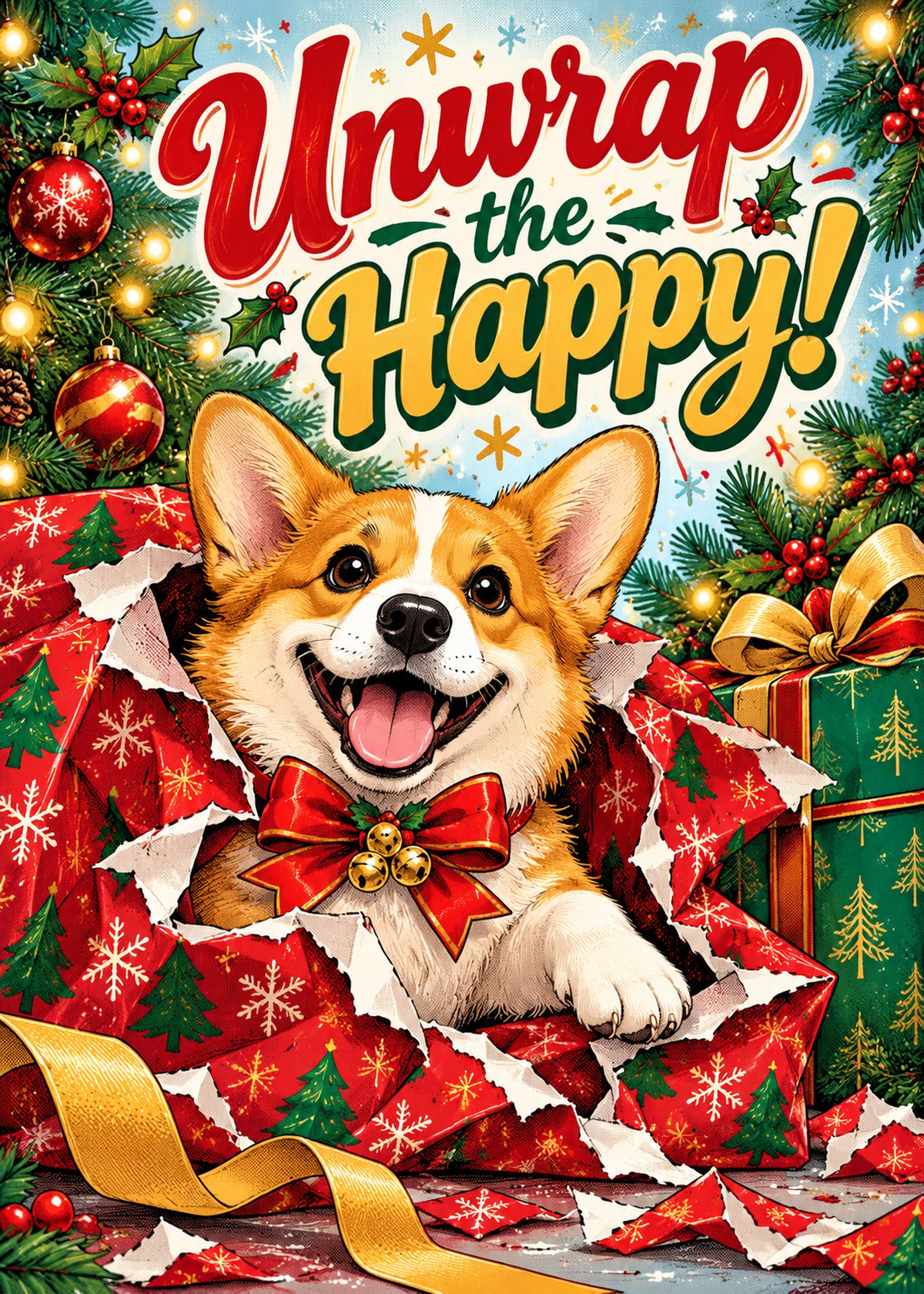 Comic Christmas card with a corgi popping through wrapping paper beneath “Unwrap the Happy!”.