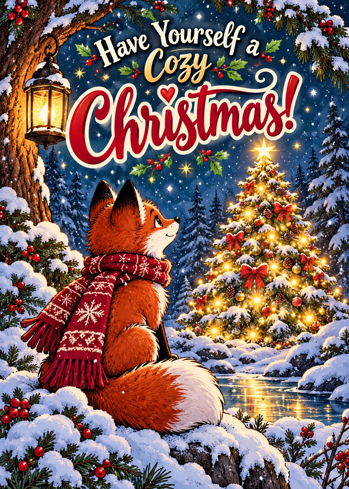 Comic Christmas card with a scarf-wearing fox watching a lit tree beneath “Have Yourself a Cozy Christmas!”.