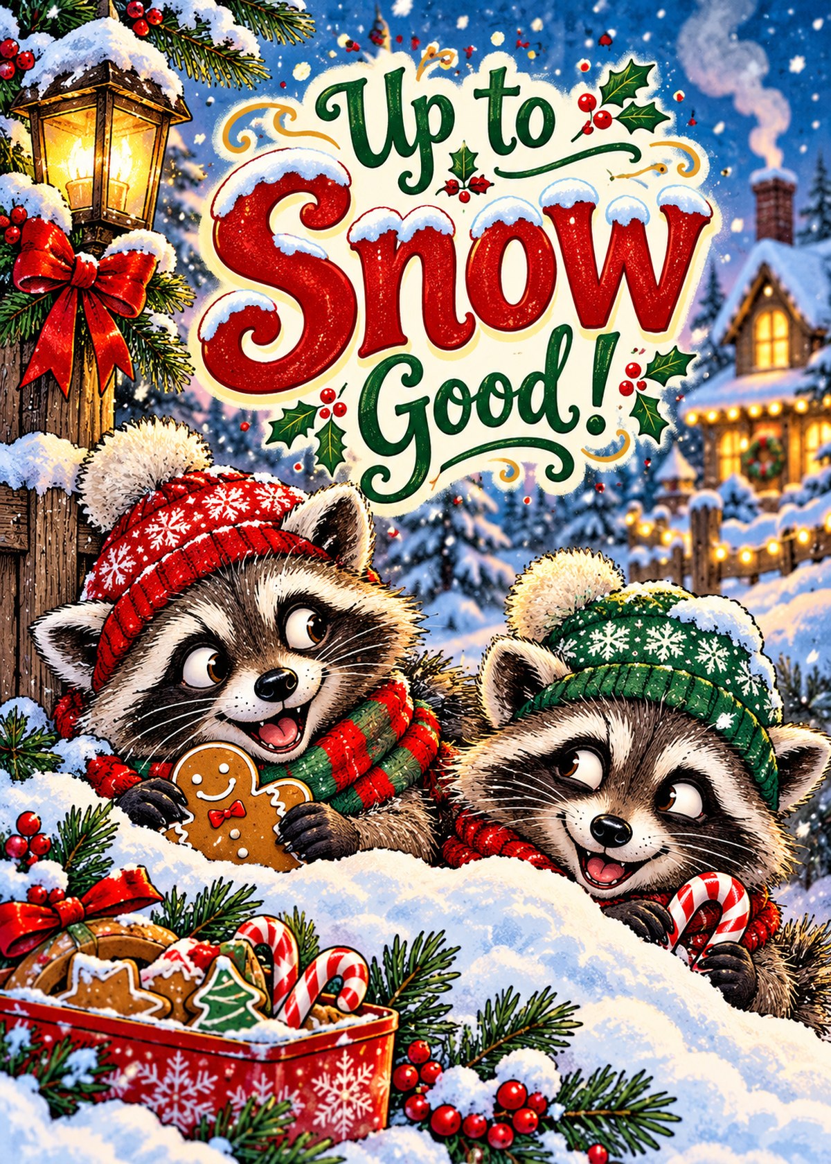 Comic Christmas card with two raccoons hiding treats beneath “Up to Snow Good!”.