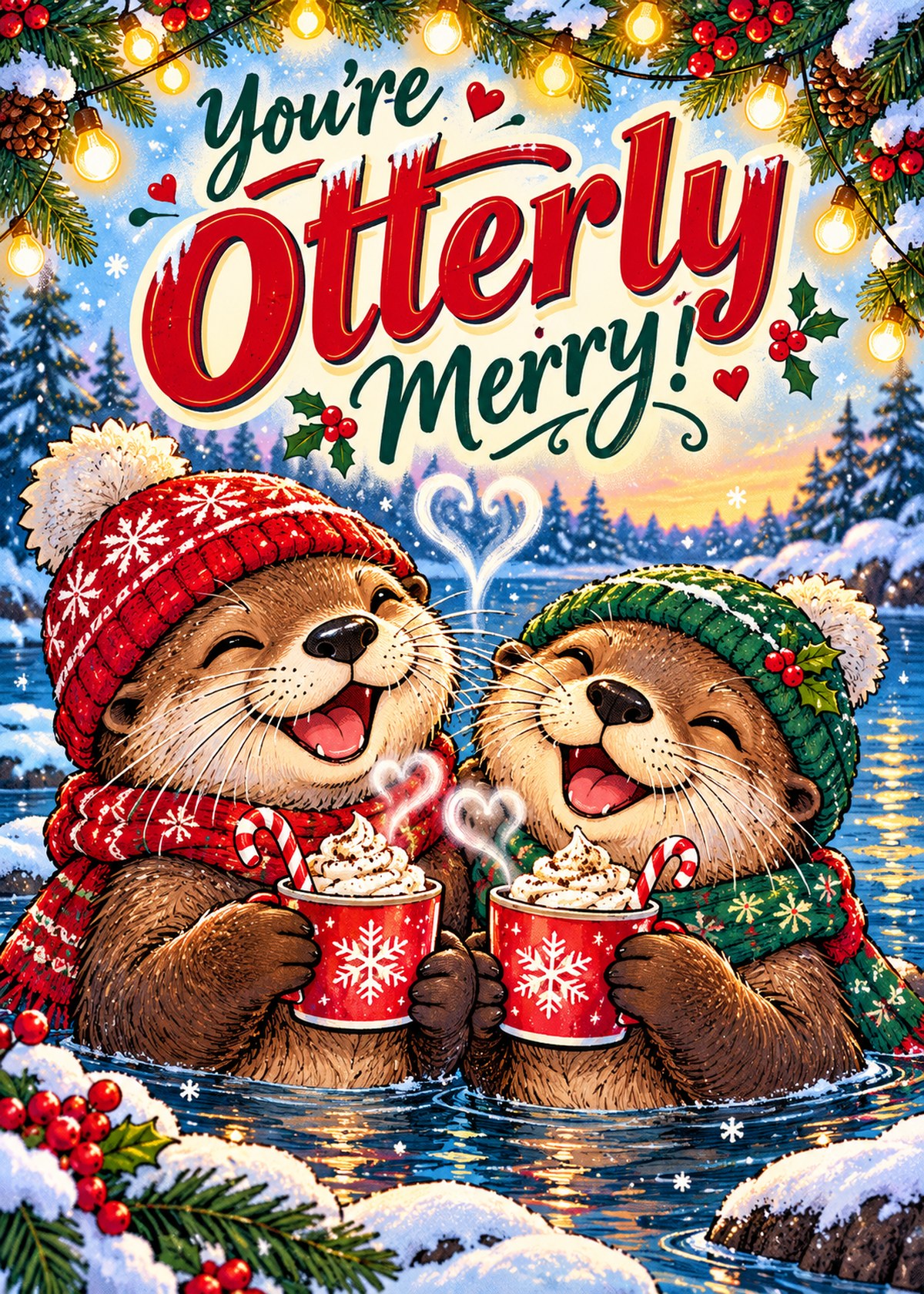 Comic Christmas card with two otters sharing cocoa beneath “You’re Otterly Merry!”.