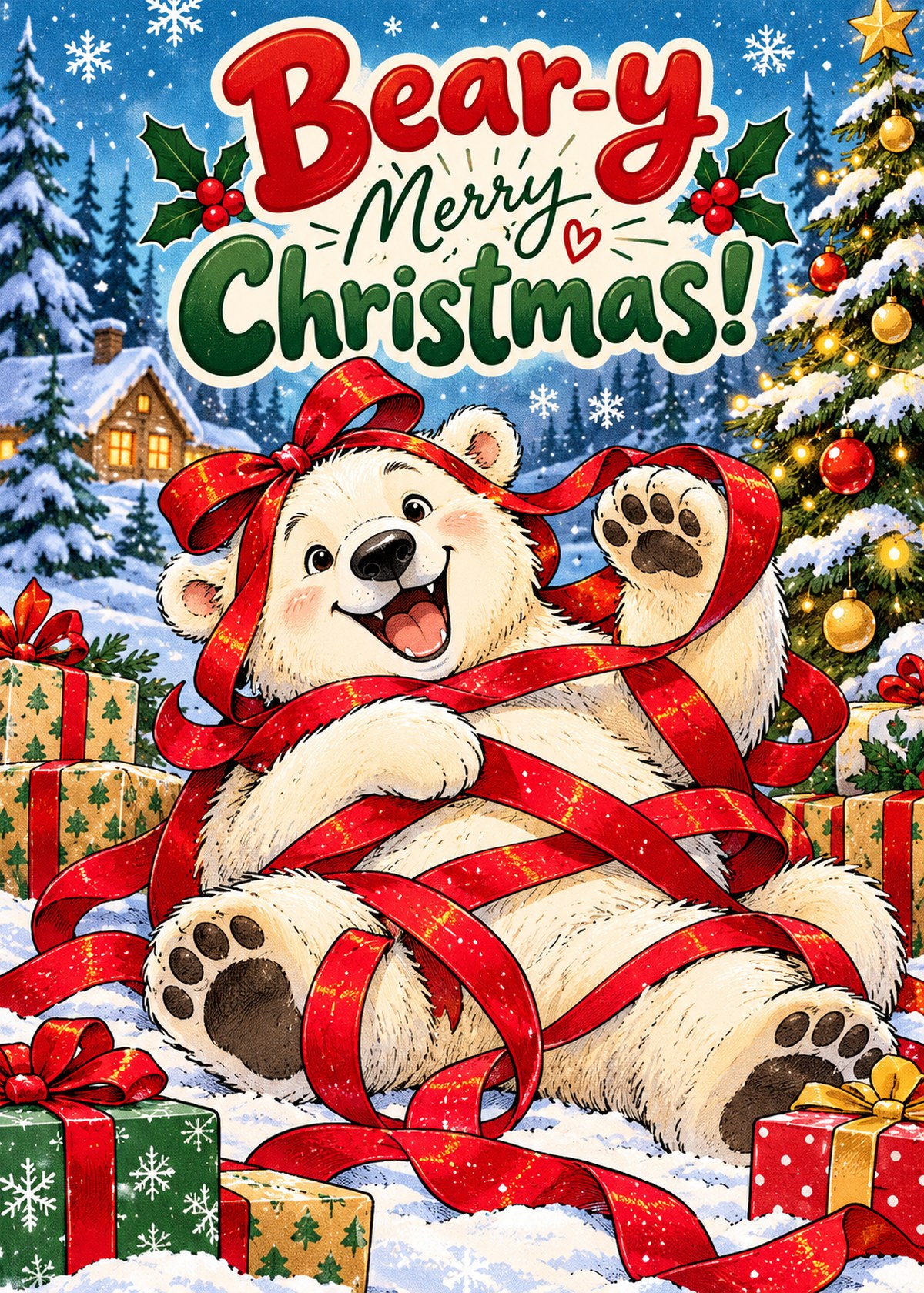 Comic Christmas card with a polar bear tangled in ribbon beneath “Bear-y Merry Christmas!”.