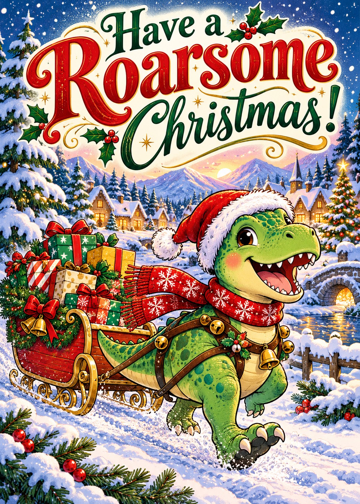 Comic Christmas card with a dinosaur pulling a sleigh beneath “Have a Roarsome Christmas!”.
