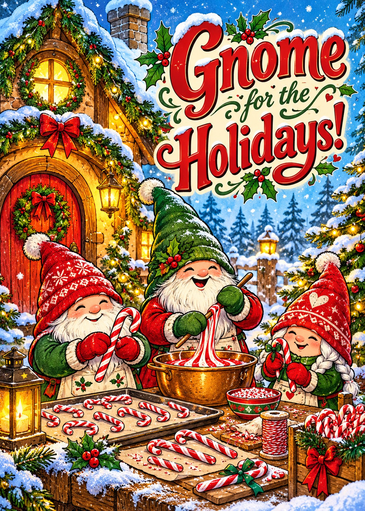 Comic Christmas card with three gnomes making candy canes beneath “Gnome for the Holidays!”.