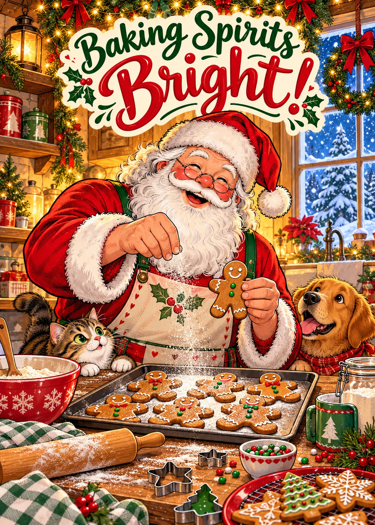 Comic Christmas card with Santa baking gingerbread beneath “Baking Spirits Bright!”.