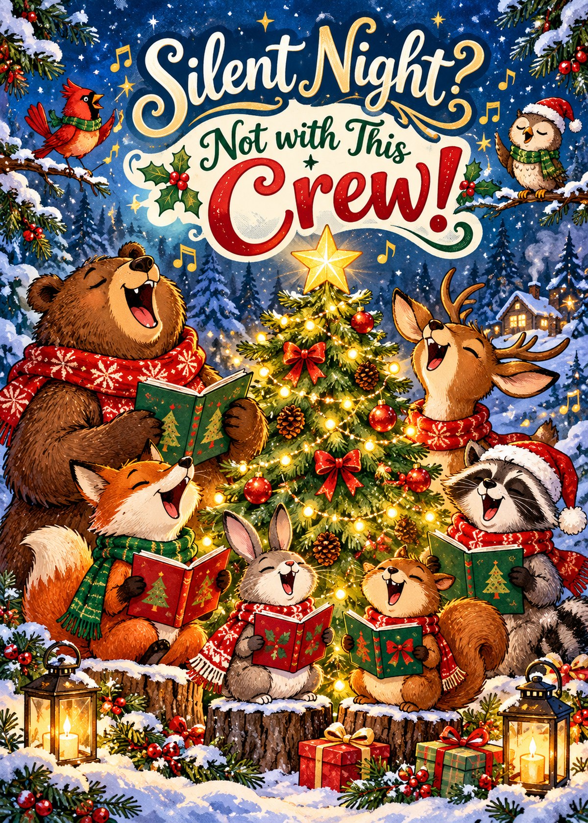 Comic Christmas card with woodland animals singing beneath “Silent Night? Not with This Crew!”.