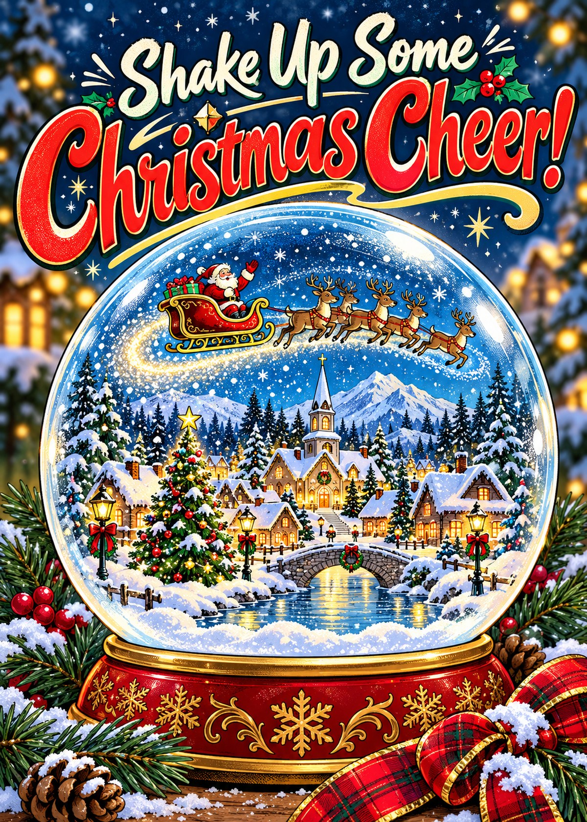 Comic Christmas card with a Christmas village inside a snow globe beneath “Shake Up Some Christmas Cheer!”.