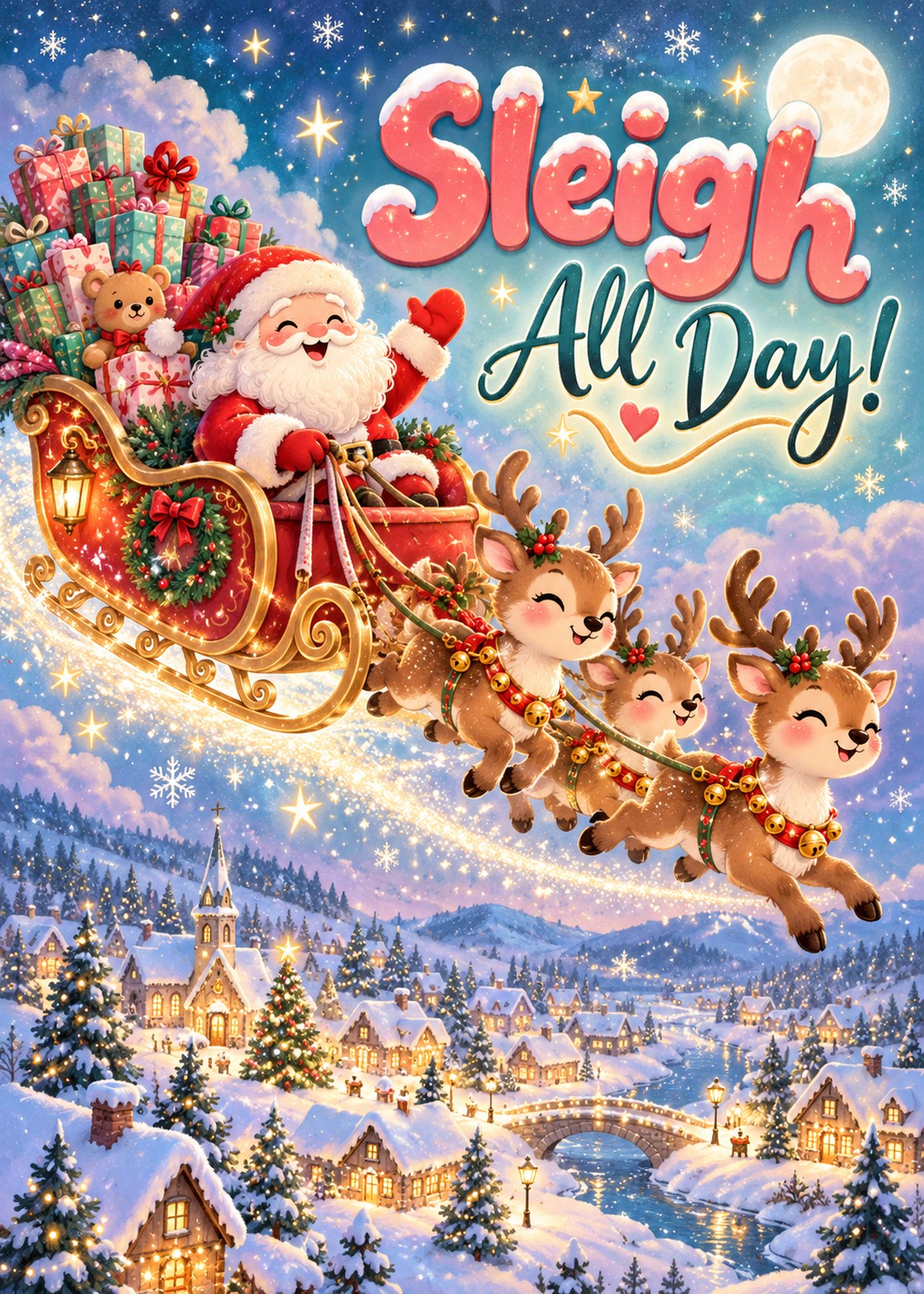 Kawaii Christmas card with Santa steering a sleigh beneath “Sleigh All Day!”.