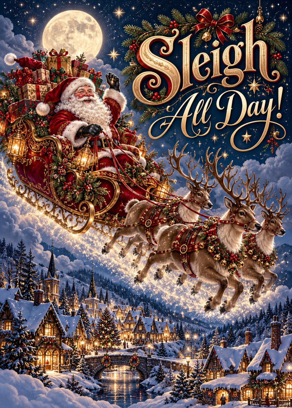 Gothic Christmas card with Santa in a sleigh above a snowy village and ornate “Sleigh All Day!” lettering.