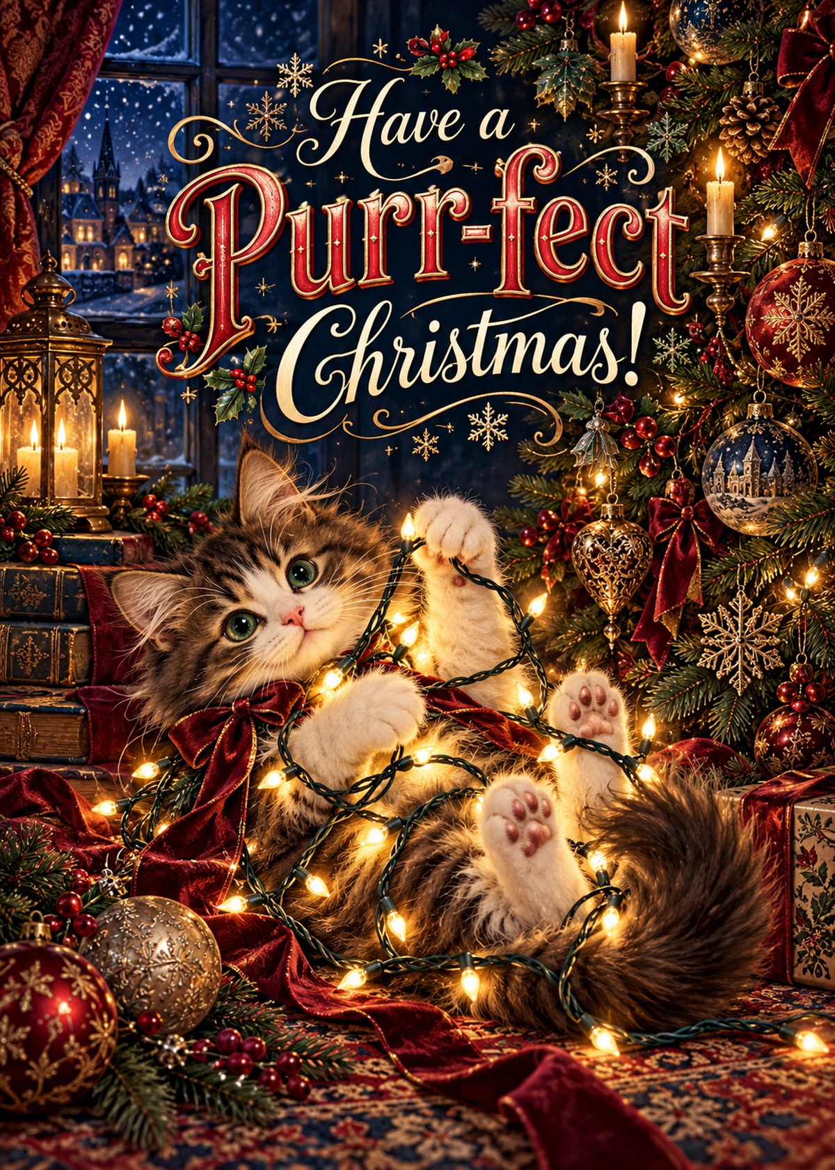 Gothic Christmas card with a cat tangled in holiday lights beneath ornate “Have a Purr-fect Christmas!” lettering.