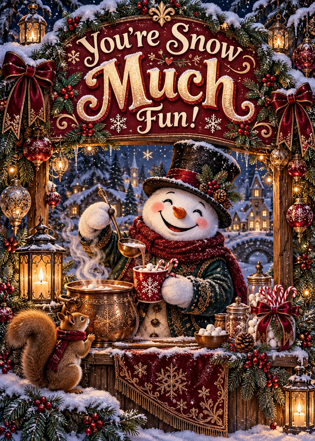 Gothic Christmas card with a smiling snowman serving cocoa in a snowy village beneath “You’re Snow Much Fun!”.