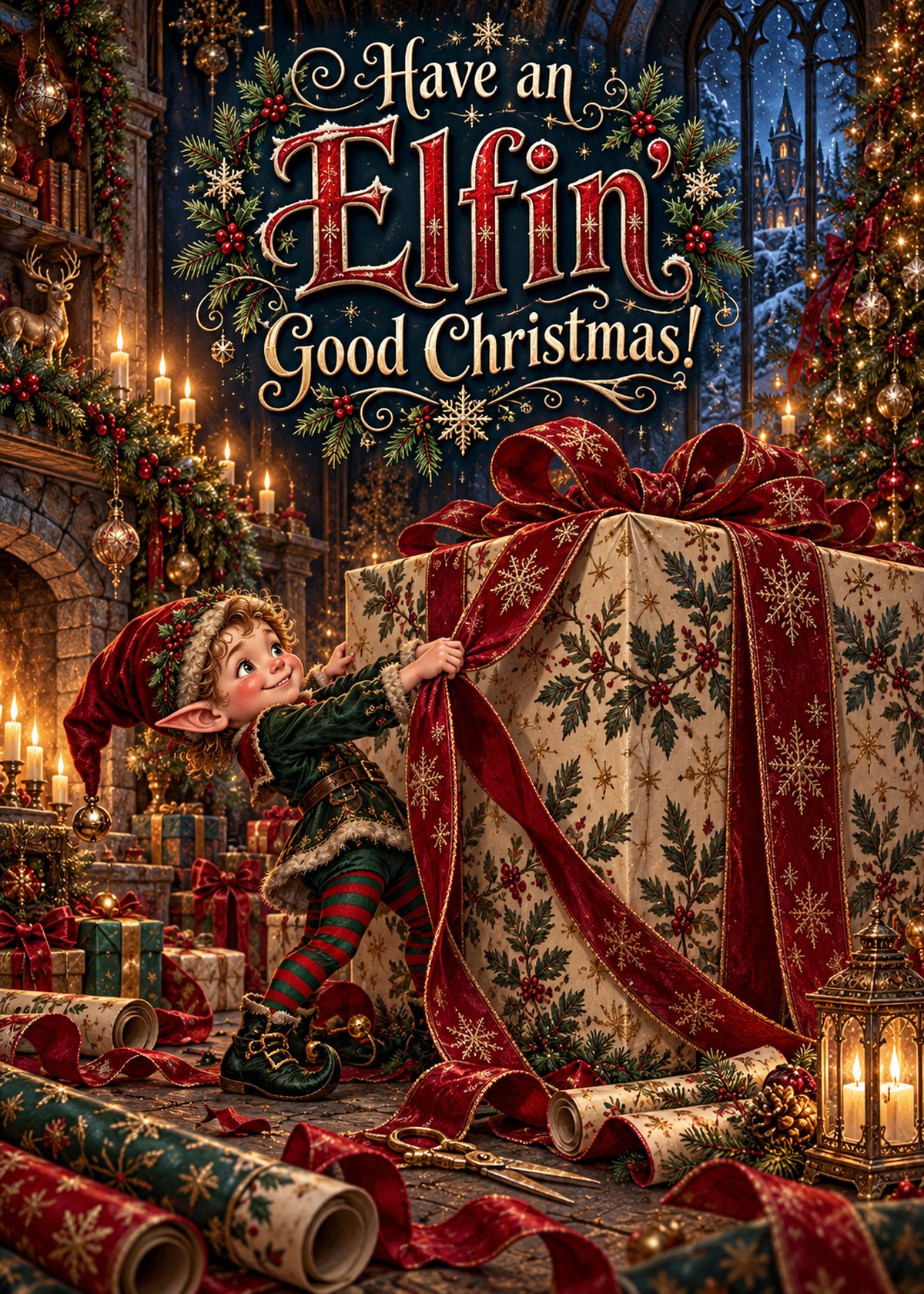 Gothic Christmas card with an elf beside an oversized gift and “Have an Elfin’ Good Christmas!”.