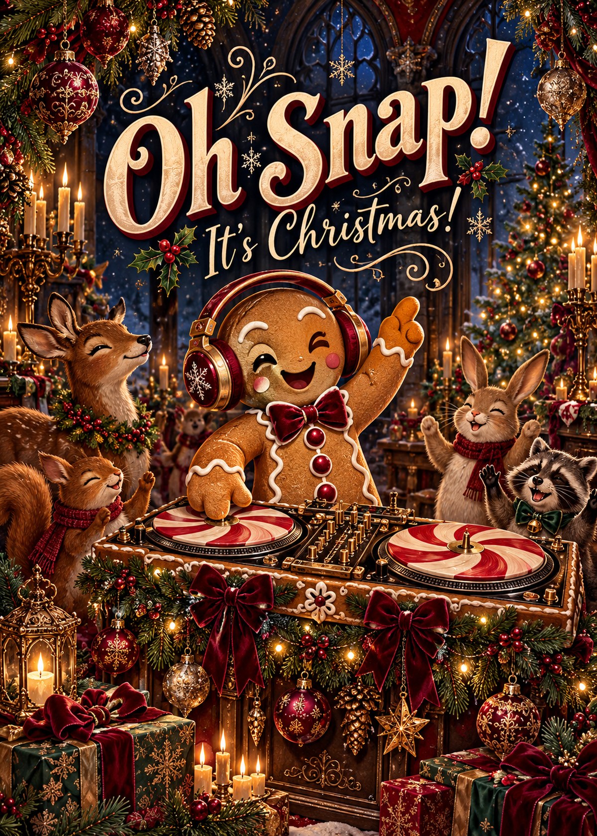 Gothic Christmas card with a gingerbread DJ and woodland animals beneath “Oh Snap! It’s Christmas!”.