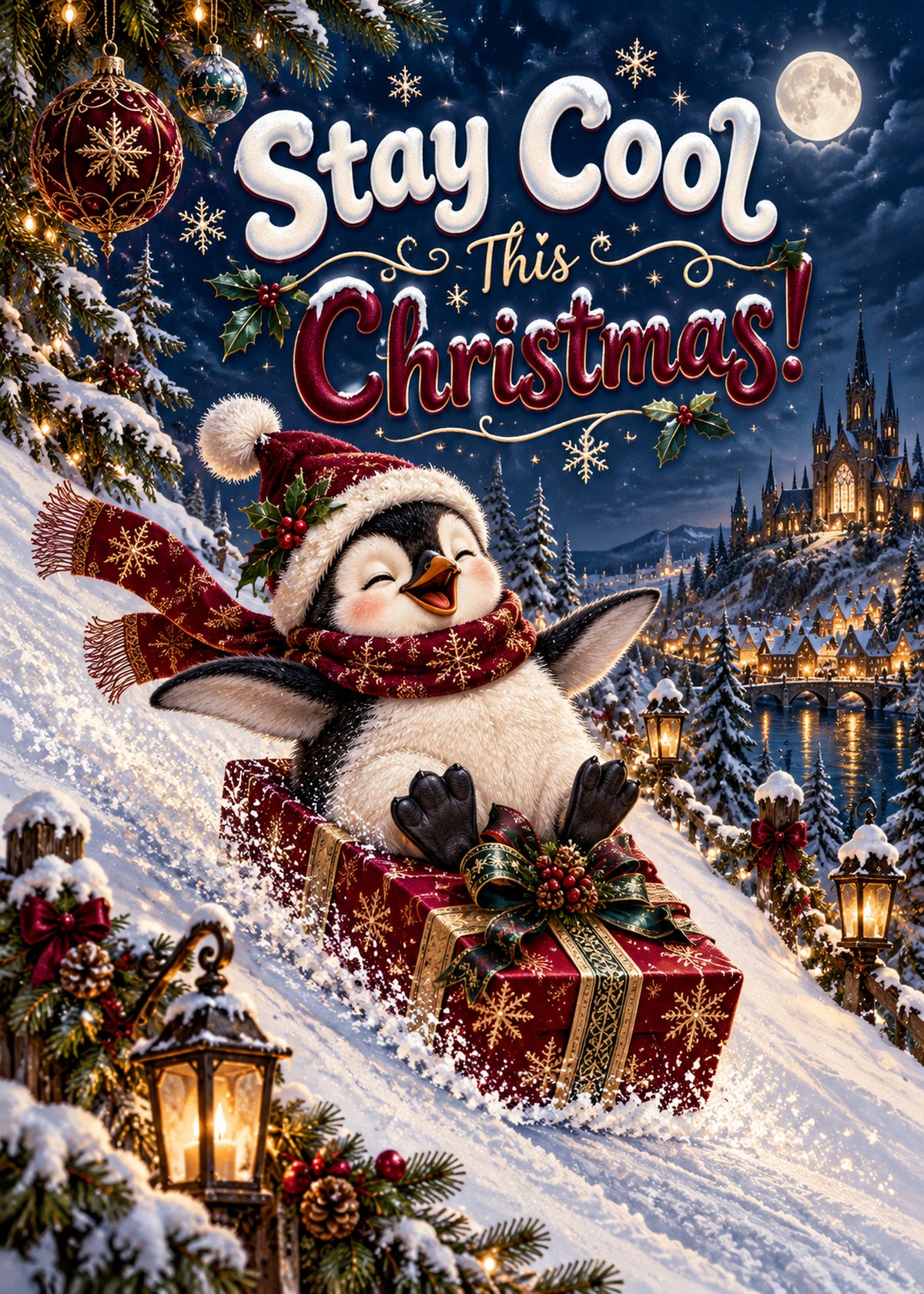 Gothic Christmas card with a penguin riding a wrapped present down a snowy hill beneath “Stay Cool This Christmas!”.