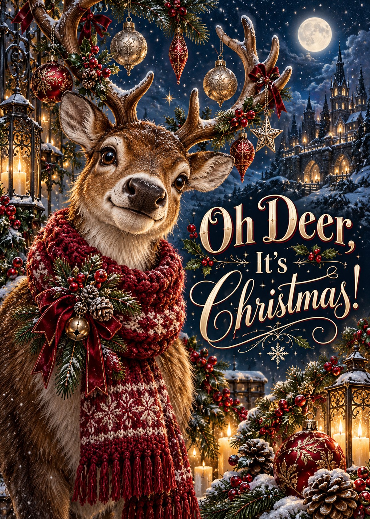 Gothic Christmas card with a scarf-wearing deer beneath “Oh Deer, It’s Christmas!”.