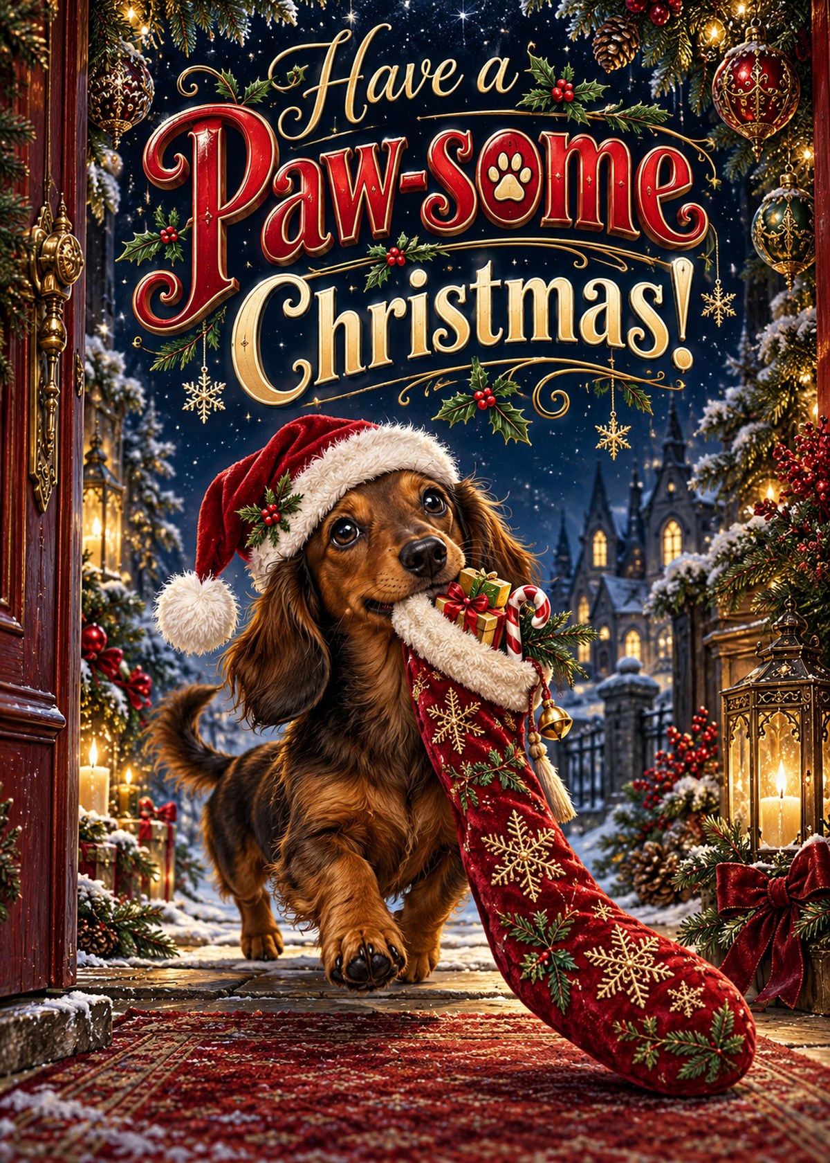 Gothic Christmas card with a dog carrying a long stocking beneath “Have a Paw-some Christmas!”.