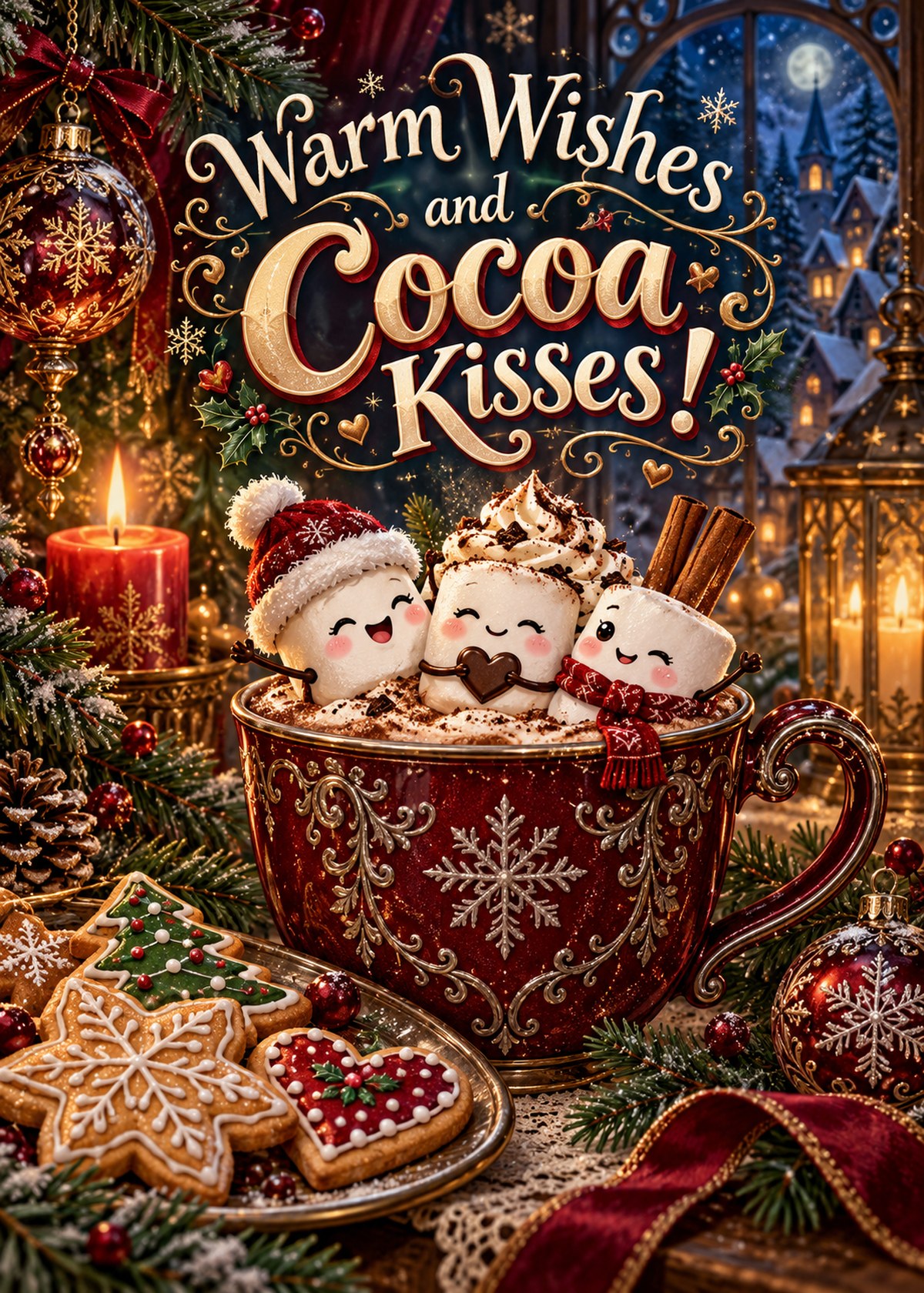 Gothic Christmas card with smiling marshmallows in cocoa beneath “Warm Wishes and Cocoa Kisses!”.