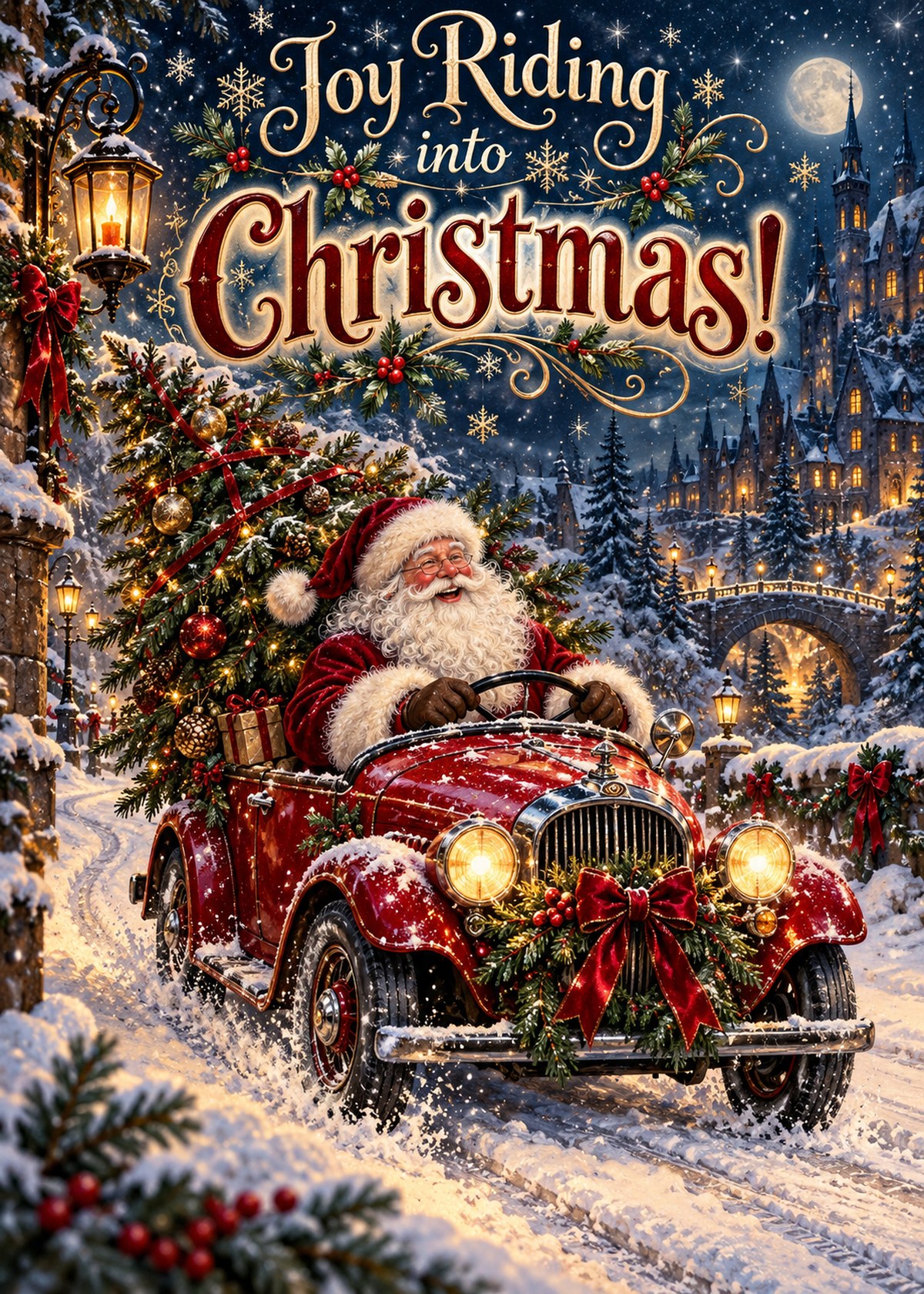 Gothic Christmas card with Santa driving a decorated car beneath “Joy Riding into Christmas!”.