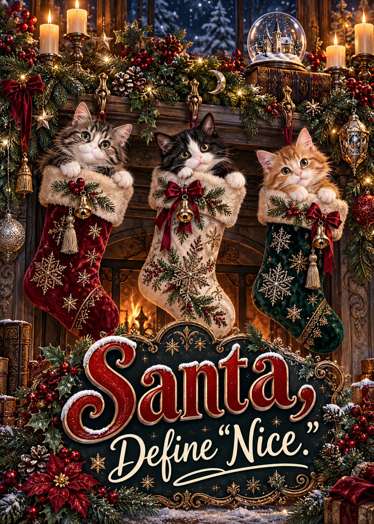 Gothic Christmas card with three kittens in stockings beneath “Santa, Define ‘Nice.’”.
