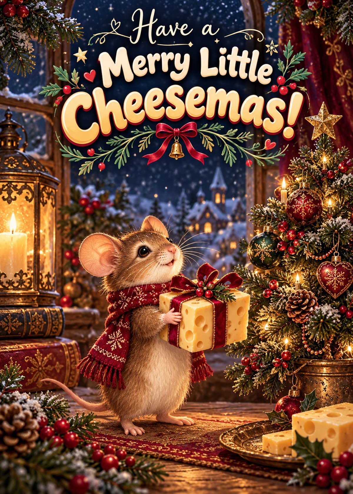 Gothic Christmas card with a mouse holding a cheese gift beneath “Have a Merry Little Cheesemas!”.